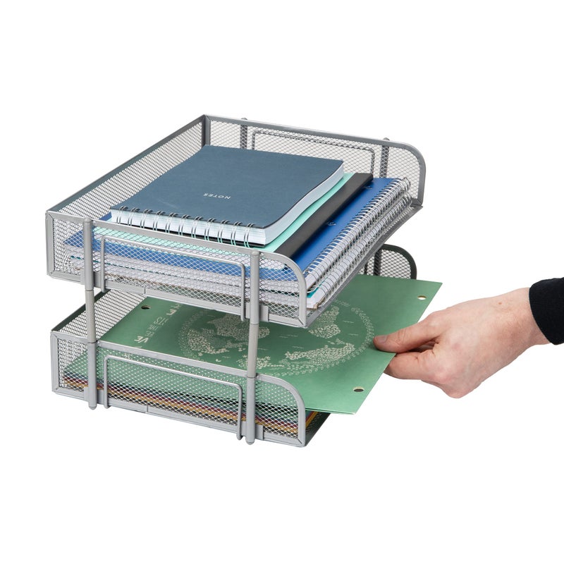 Mind Reader Stackable Paper Tray, Desktop Organizer, File Storage, Office, Metal Mesh, 13.5" L x 10" W x 7.25" H, 2 Pcs., Silver - Image 5